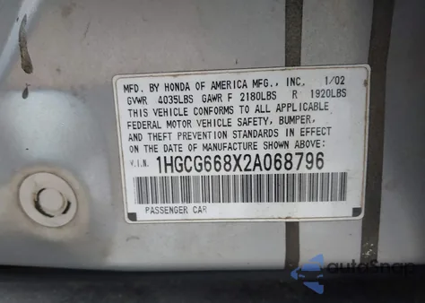 2002 Honda Accord 2.3 Ex/2.3 Se from USA, damaged, VIN 1HGCG668X2A068796